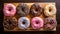 Vibrant Donut Slices On Wooden Tray - Top View Photography