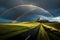 A vibrant double rainbow arcing across a dark and stormy sky