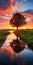 Vibrant Dutch Landscape: Tree Reflected In Sunset Stream