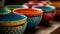 Vibrant earthenware pottery collection, ornate antique decoration generated by AI