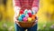 Vibrant easter basket hands arranging colorful eggs, candies, and toys with anticipation and joy
