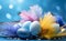 Vibrant Easter Delight: A Burst of Colorful Eggs and Feathers on a Blue Background