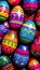 Vibrant easter egg arrangement colorful and ornately decorated eggs in a plethora of bright hues