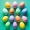 Vibrant Easter eggs arranged festively on tabletop, top view composition