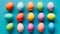 Vibrant Easter eggs arranged festively on tabletop, top view composition