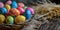 Vibrant Easter eggs arranged in a rustic basket