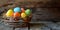 Vibrant Easter eggs arranged in a rustic basket