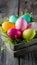 Vibrant Easter Eggs displayed in a charming rustic wooden crate