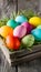 Vibrant Easter Eggs displayed in a charming rustic wooden crate