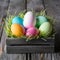 Vibrant Easter Eggs displayed in a charming rustic wooden crate