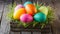 Vibrant Easter Eggs displayed in a charming rustic wooden crate