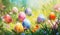 Vibrant Easter eggs in front of a blooming field under a clear blue sky.