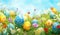 Vibrant Easter eggs in front of a blooming field under a clear blue sky.