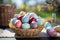 Vibrant Easter Eggs in Wicker Basket on Wooden Table