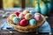 Vibrant Easter Eggs in Wicker Basket on Wooden Table