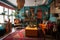 vibrant and eclectic interior, with retro elements and bohemian flair