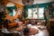 vibrant and eclectic interior, with retro elements and bohemian flair
