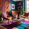 A vibrant eclectic living room with colorful patterns and mismatched furniture1