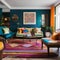 A vibrant eclectic living room with colorful patterns and mismatched furniture2