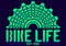 Vibrant emerald green Bike Life legend with half back bycicle cassette and bike chain lines over dark blue background