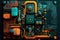 Vibrant and energetic abstract depiction of a digital circuit board with intricate details and bold colors