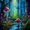 Vibrant Fantasy-Inspired Forest Scene with Dewdrops Transformed into Kaleidoscope of Colors