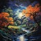 Vibrant Fantasy Landscape Oil Painting With Trees, Moon, And River