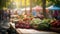 Vibrant farmers market with fresh fruits and colorful beverages in softly blurred bokeh background