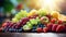 Vibrant farmers market softly blurred bokeh background with fresh fruits and colorful beverages