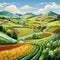 Vibrant farmlands in a whimsical cartoon art style