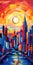 Vibrant Fauvism Cityscape: Bold Color Fields And Whimsical Skyline