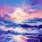 Vibrant Fauvism Seascape: Colorful Ocean With Waves And Purple Sky