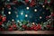 Vibrant Festive Christmas background with a border of holly leaves, berries, and twinkling lights, centered copyspace for festive