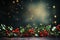 Vibrant Festive Christmas background with a border of holly leaves, berries, and twinkling lights, centered copyspace for festive