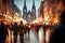 A Vibrant and Festive Christmas Market with a Bustling Crowd and Captivating Blurred Bokeh Lights