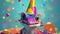 a vibrant and festive lizard wearing a party hat and surrounded by confetti