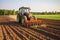 Vibrant Fields: A Majestic Red Tractor Plowing with Lively Corn Rows