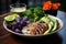 Vibrant fitness dish with quinoa, chicken, avocado and purple smoothie., generative IA