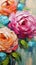 Vibrant Floral Delight: A Closeup of Impasto Peonies and Roses on a Blue Background