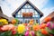 vibrant flowers framing tudor gable home