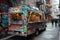 A vibrant food truck parked on the side of a busy street, offering a variety of mouthwatering meals and snacks, A food truck