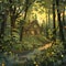 Vibrant forest cabin scene with fireflies, stream, and sunset glow, cozy and secluded. Private retreats