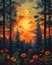 Vibrant Forest Sunset Painting, Finnish Landscape Artwork, European Nature Scene