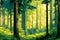 A vibrant forest of tall trees, with a canopy of vibrant greens and yellows, as imagined by Bill Watterson generated using Ai