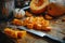 Vibrant Fresh Pumpkin Chunks on a Rustic Wooden Cutting Board with a Sharp Knife