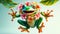 A vibrant frog adorned with a garland of tropical flowers, mid-leap