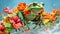 A vibrant frog adorned with a garland of tropical flowers, mid-leap