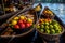 Vibrant Fruit Baskets on Traditional Floating Boats at the Market. AI