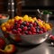 A vibrant fruit salad in a hammered metal bowl