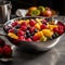 A vibrant fruit salad in a hammered metal bowl